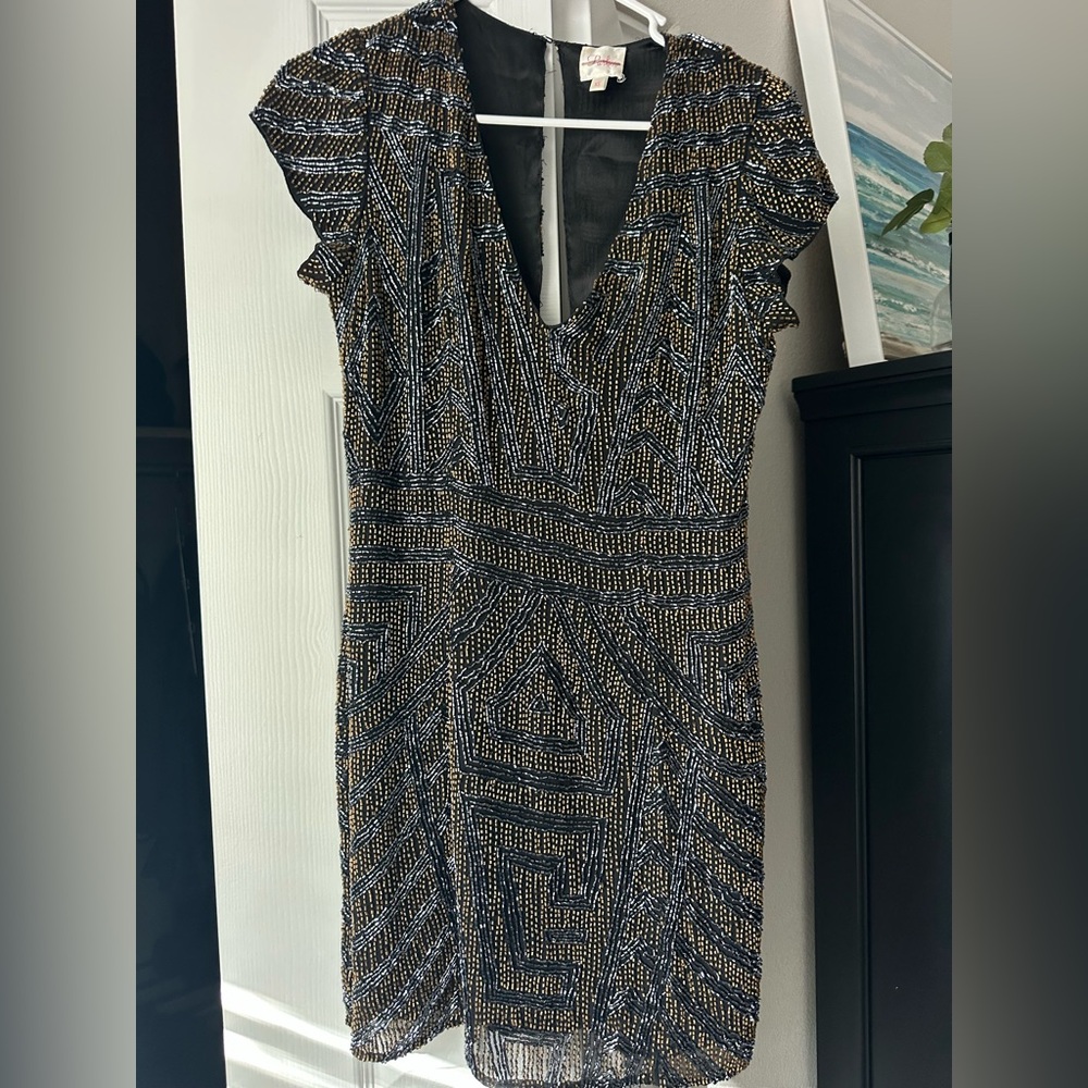Parker Black and Gold Patterned Mini Dress